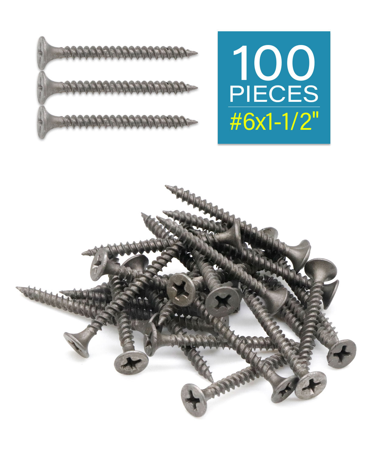 Drywall Screws, 100PCS #6 x 1-1/2 Inch Flat Head Phillips Wood Screws, Sheetrock Screws with Fine Thread Gray Phosphate, Self Tapping Screws for Metal, Drywall, Wooden, Outdoor and Indoor by IMSCREWS