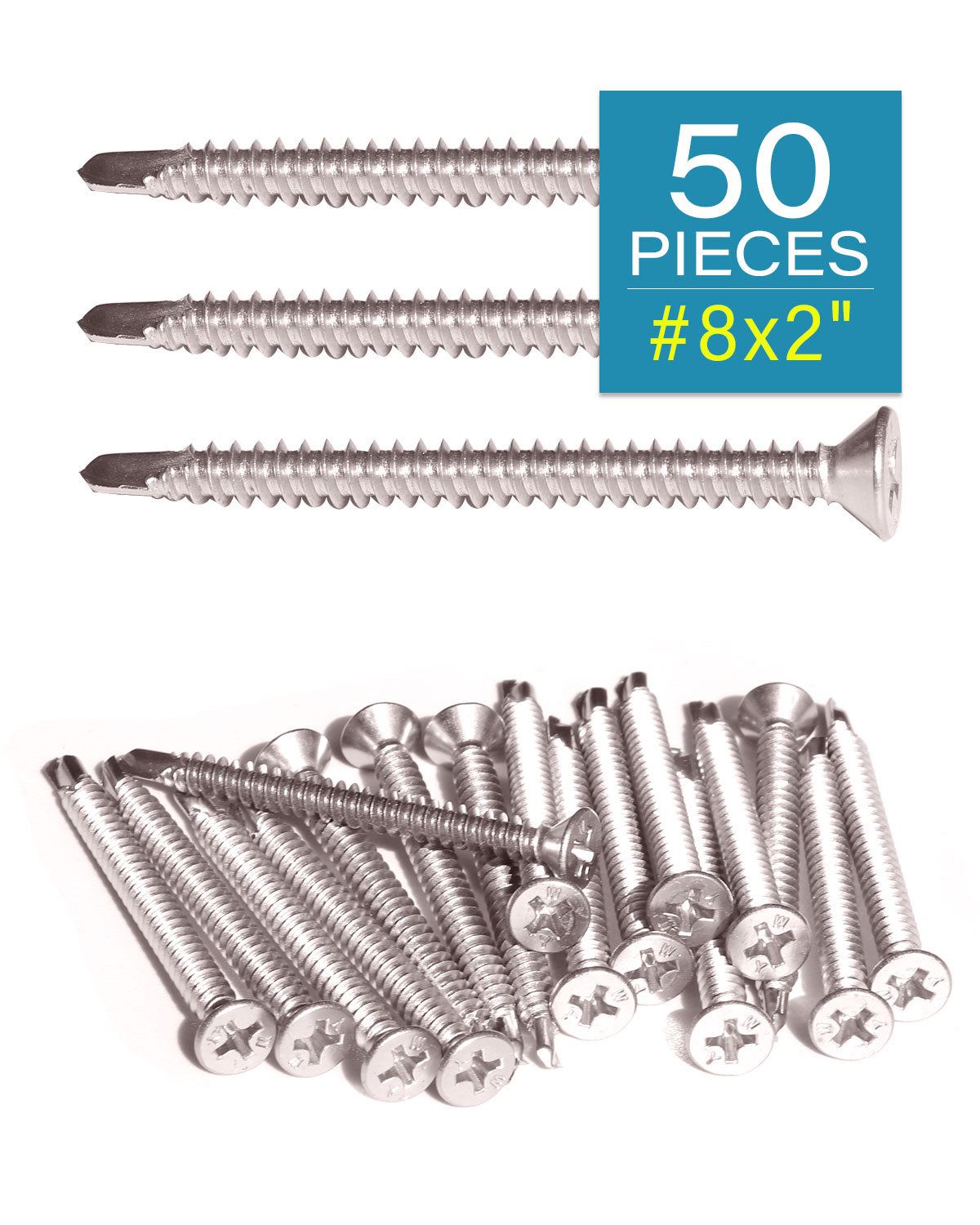 IMScrews 50 шт. # 8 x 2 дюйма, самосверлящие винты Phillips с плоской головкой из нержавеющей стали, винты из нержавеющей стали 410 с полной резьбой для листового металла Tek, винты по дереву и металлу