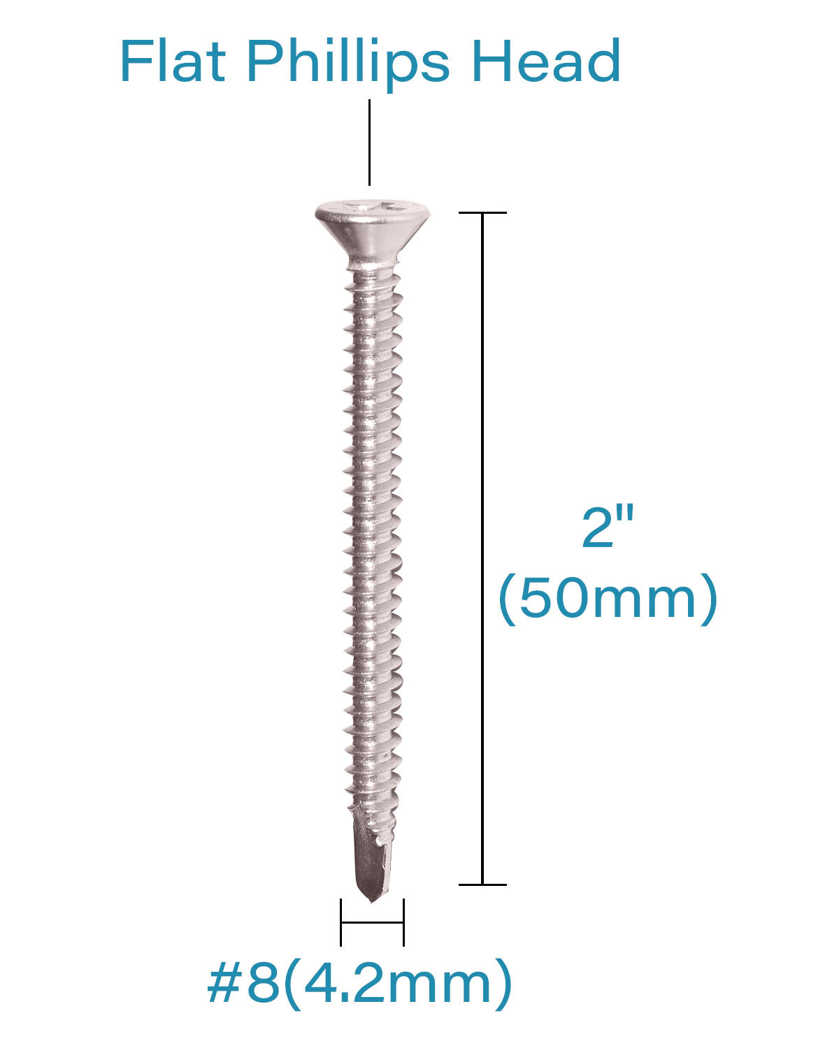 IMScrews 50 шт. # 8 x 2 дюйма, самосверлящие винты Phillips с плоской головкой из нержавеющей стали, винты из нержавеющей стали 410 с полной резьбой для листового металла Tek, винты по дереву и металлу