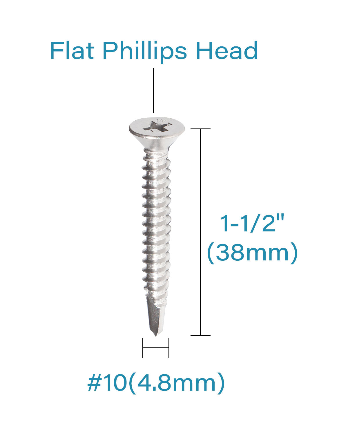 IMScrews 25pcs #10 x 1-1/2" Stainless Flat Head Phillips Self Drilling Screws, 410 Stainless Steel Full Thread Sheet Metal Tek Wood to Metal Screws