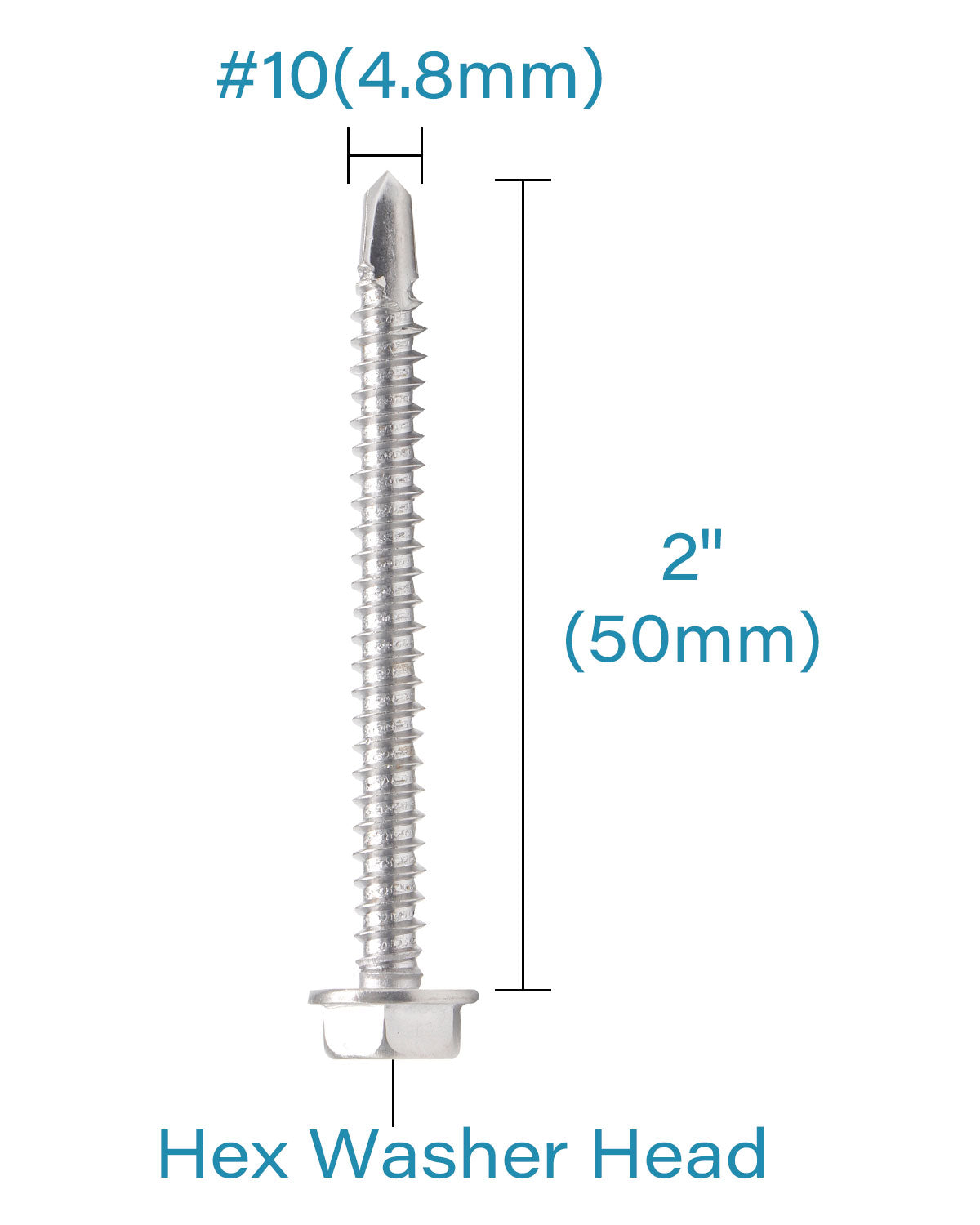 IMScrews 50 шт. # 10 x 2 дюйма, самосверлящие винты с шестигранной головкой и шайбой из нержавеющей стали, винты из нержавеющей стали 410 с полной резьбой для листового металла Tek
