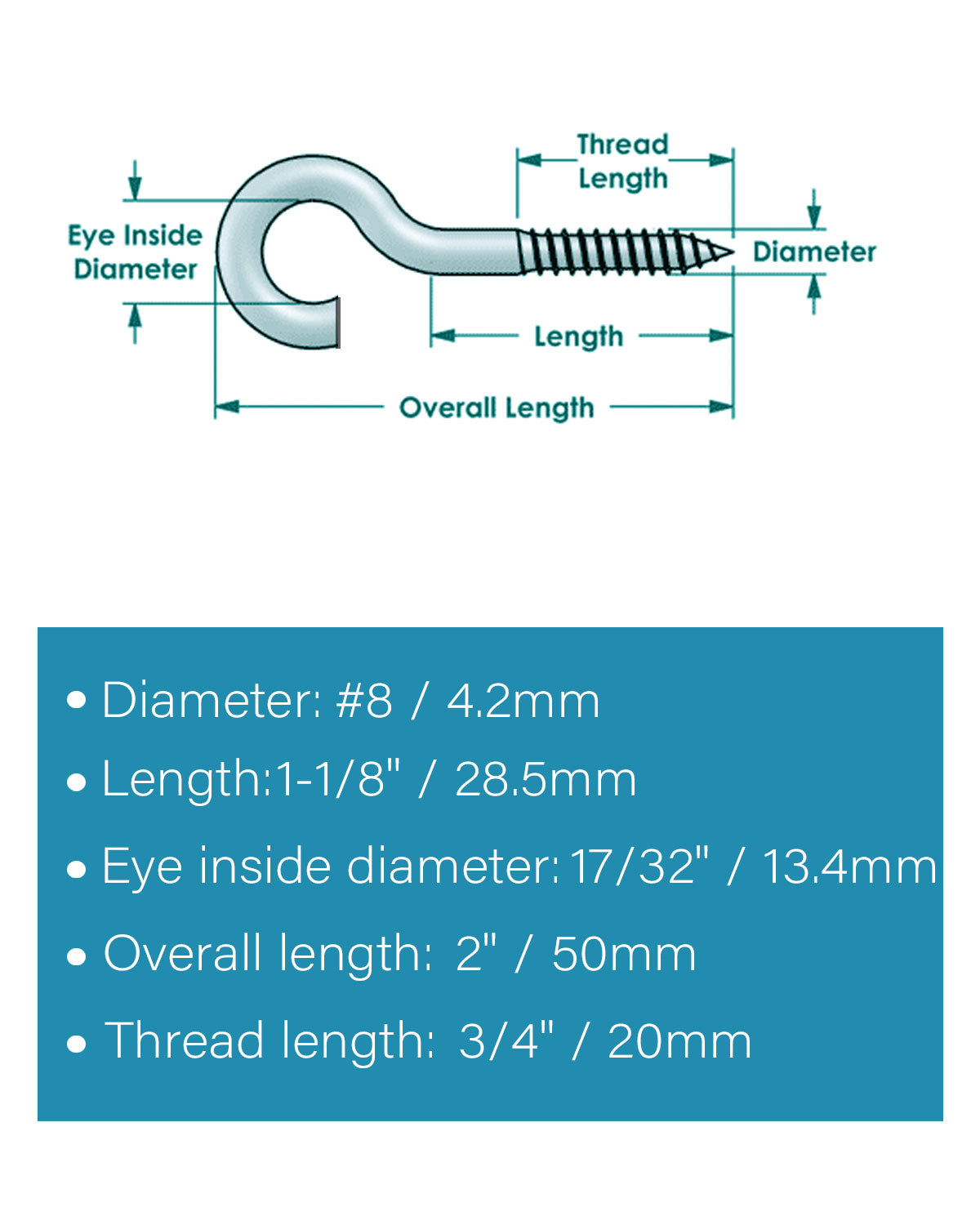 20 Pcs 2 Inch Eye Hooks Screw in Heavy Duty, Stainless Steel 304#8 Eye Bolts Screws, Anti-Rust Self Tapping Eye Lag Screws Eyelet Screw for Wood, Securing Cables Wires | by IMSCREWS