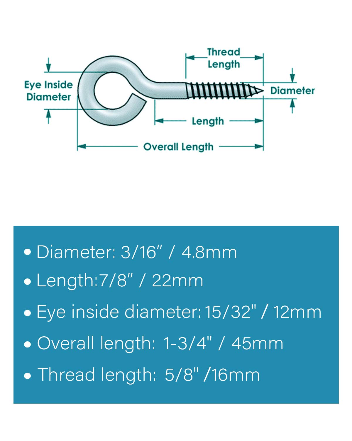 IMScrews 20Pcs 1-3/4 Inch Screw Eyes Small Eyelet Screws Lag Eyebolt Heavy Duty Hook 304 Stainless Steel