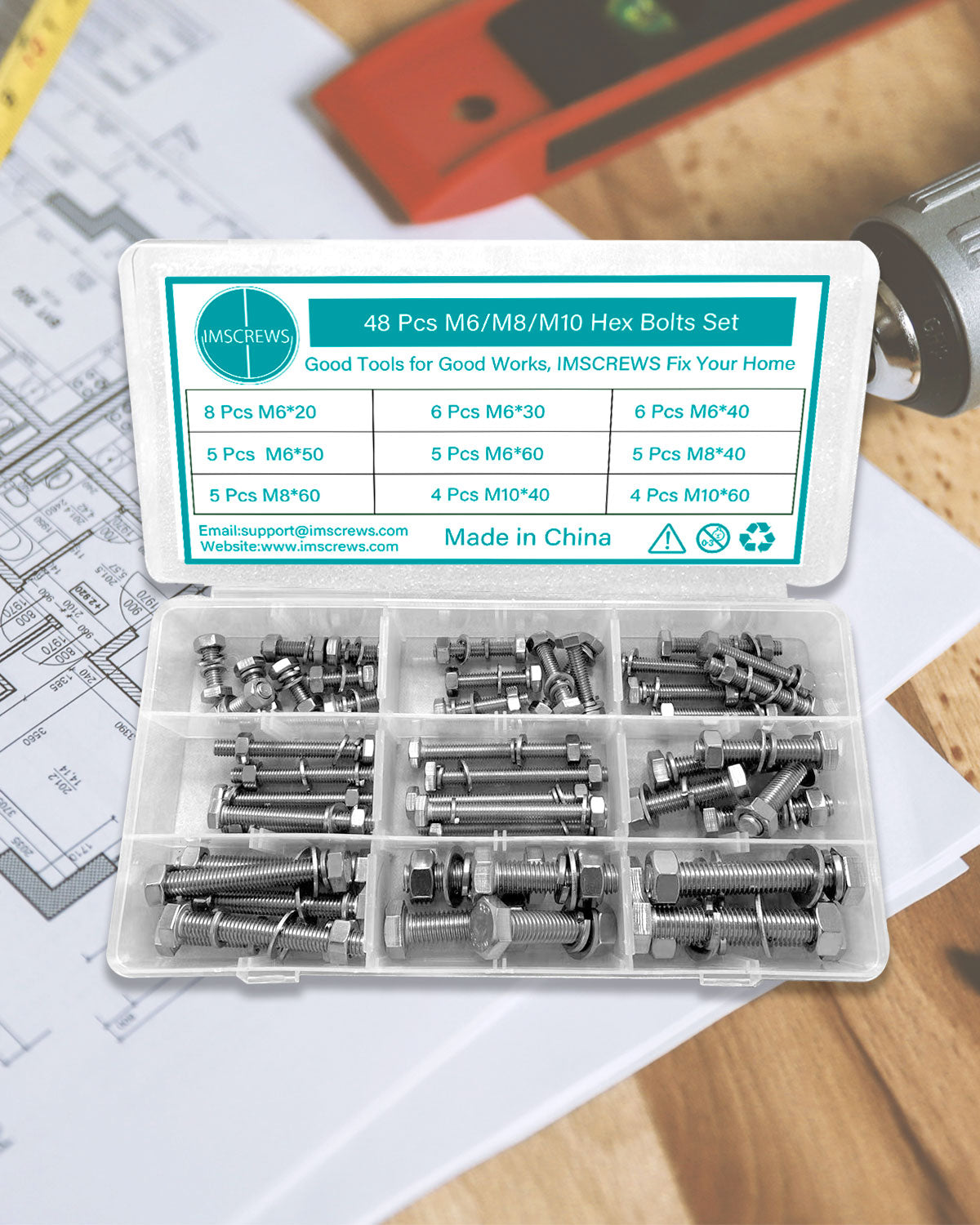 48 шт. Винты с шестигранной головкой, болты и гайки, M6 M8 M10, метрический шестигранник, нержавеющая сталь 304. Болты, винты, гайки, шайбы. Ассортиментный комплект, 9 общих размеров | автор: IMSCREWS