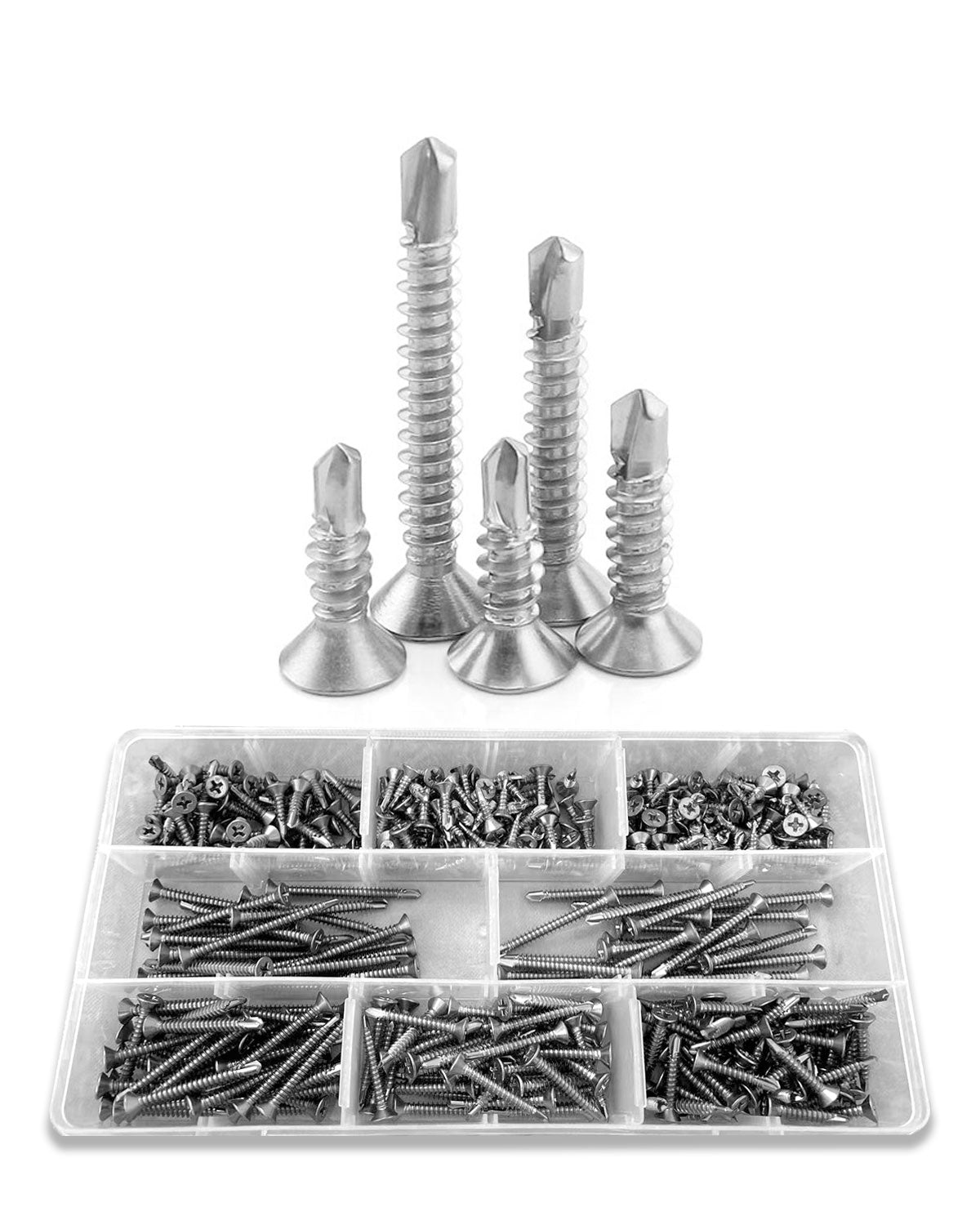 #8 Self Drilling Sheet Metal Screws Assortment Kit 400 pcs, Flat Head Phillips Stainless Steel 410 Assorted TEK Screws Kit, Length 1/2" to 2" by IMSCREWS