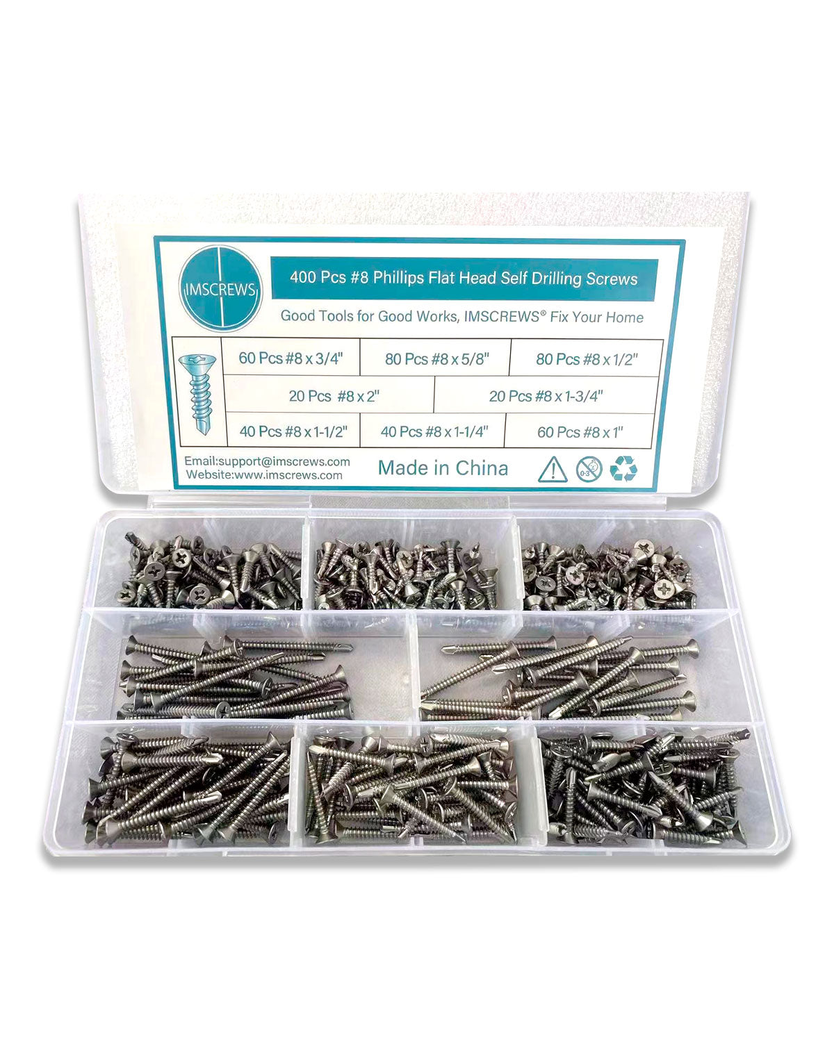 #8 Self Drilling Sheet Metal Screws Assortment Kit 400 pcs, Flat Head Phillips Stainless Steel 410 Assorted TEK Screws Kit, Length 1/2" to 2" by IMSCREWS