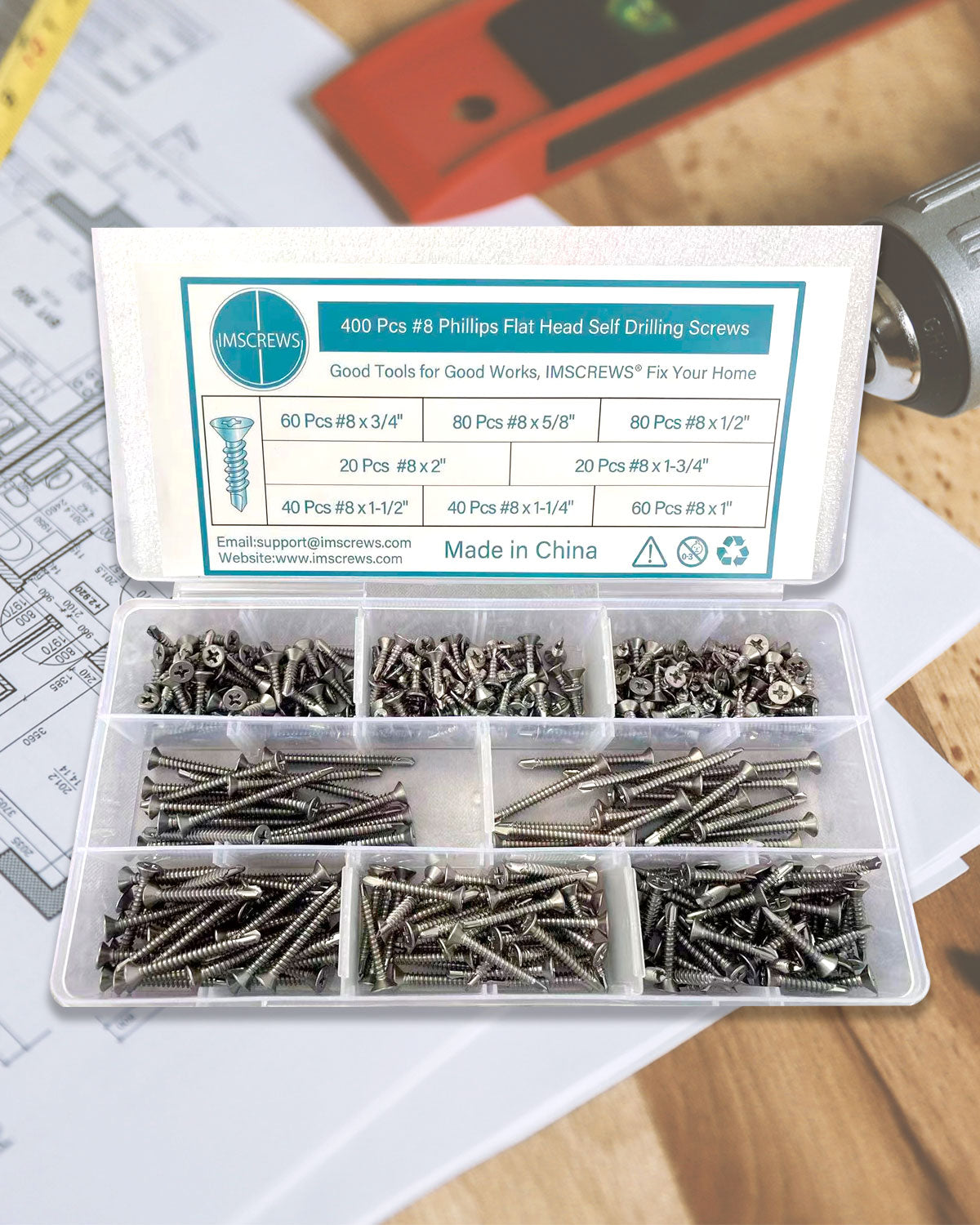#8 Self Drilling Sheet Metal Screws Assortment Kit 400 pcs, Flat Head Phillips Stainless Steel 410 Assorted TEK Screws Kit, Length 1/2" to 2" by IMSCREWS