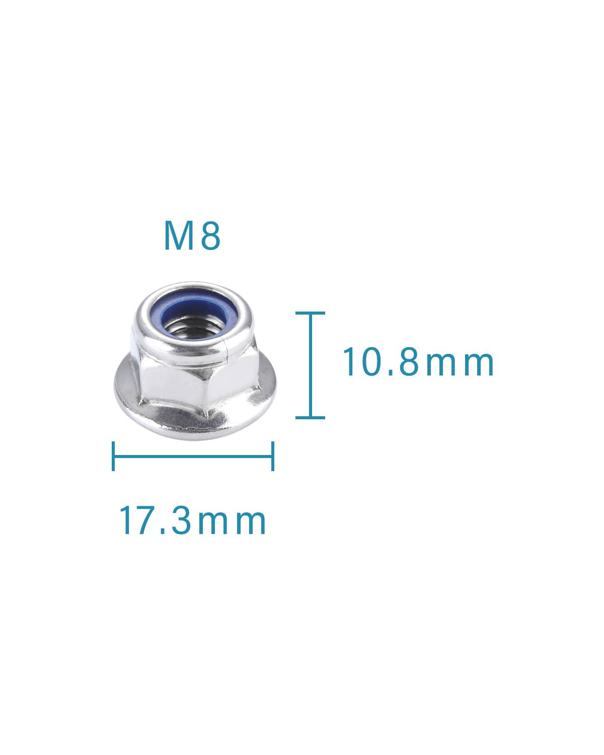 IMScrews M8-1.25 Flange Nuts, 304 Stainless Steel Hex Flange Locking Nuts with Integrated Washer Base, Blue Nylon Self-Locking, Corrosion Resistant, Pack of 10 - image 3