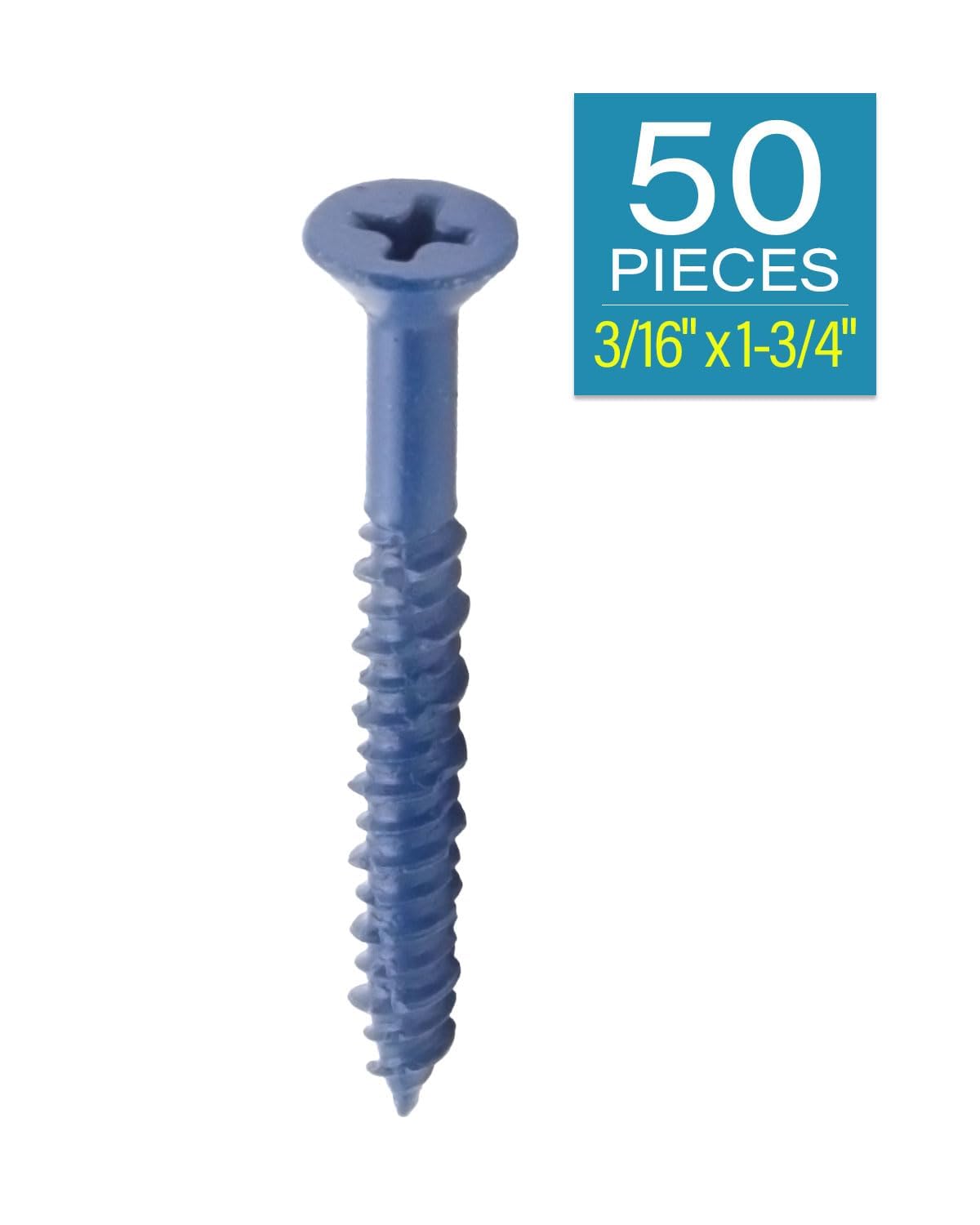 3/16" x 1-3/4" Blue Masonry Screws, 50 PCS Flat Head Concrete Anchors with High-Low Thread, Blue Coating Fasteners for Brick, Block and Stucco - image 2