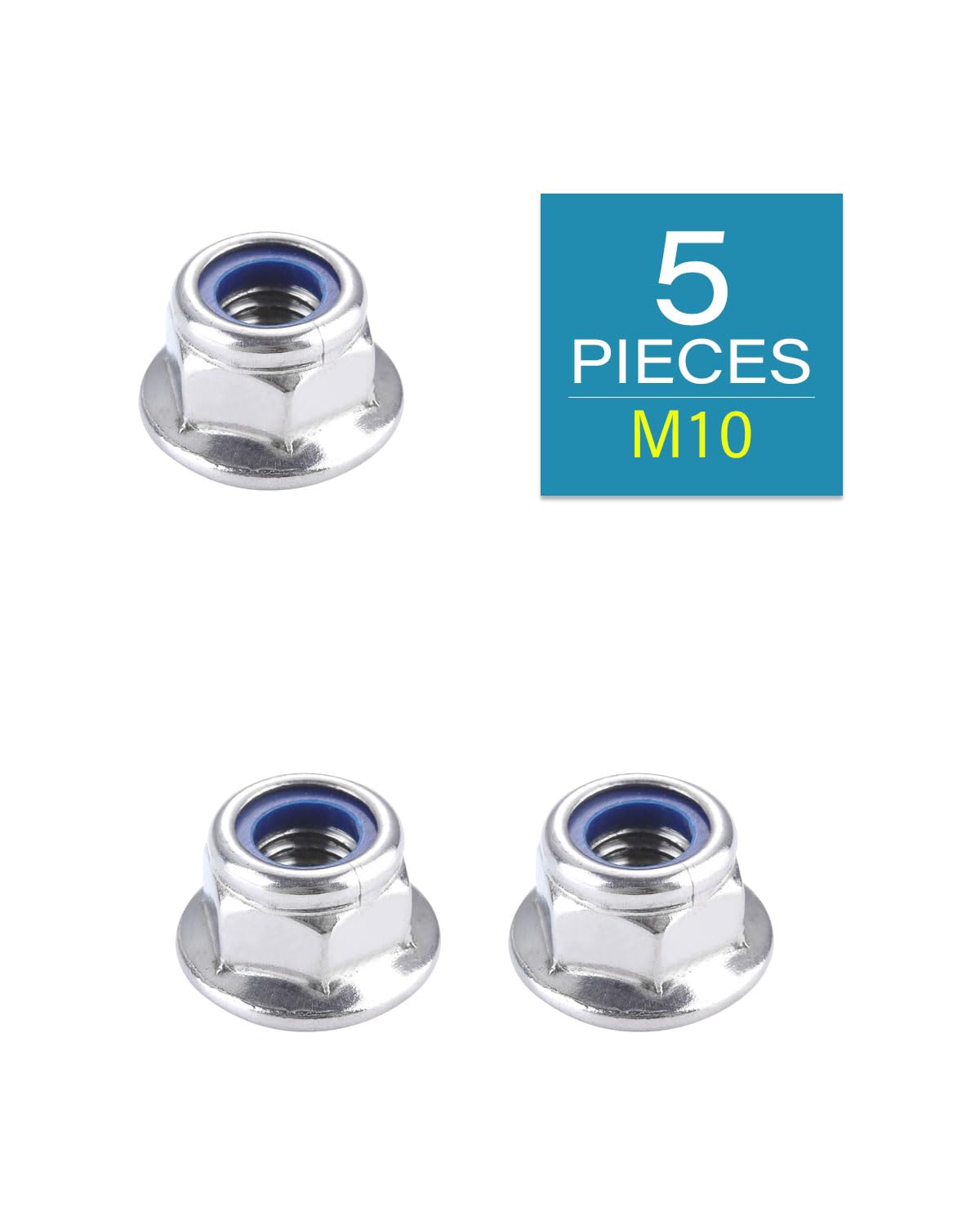IMSCREWS M10 x 1.5 Flange Nuts, 304 Stainless Steel Hex Lock Nuts with Blue Nylon Insert, DIN6926 Smooth Washer Base, A2-70 Tensile Strength, Corrosion Resistant Fasteners, Pack of 5 - image 2