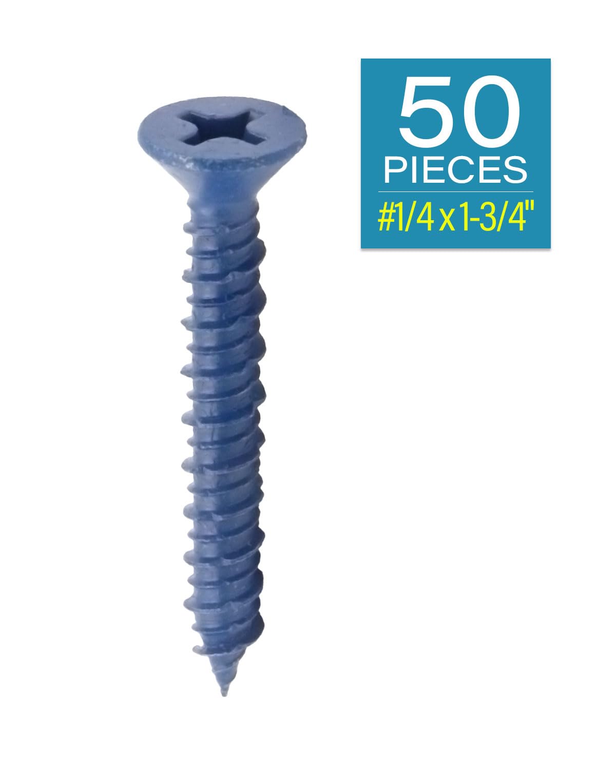 IMScrews 1/4" x 1-3/4" Blue Flat Head Concrete Screws, High-Low Thread Anchoring Fasteners for Masonry, Cement, Brick, Pack of 50 - image 2