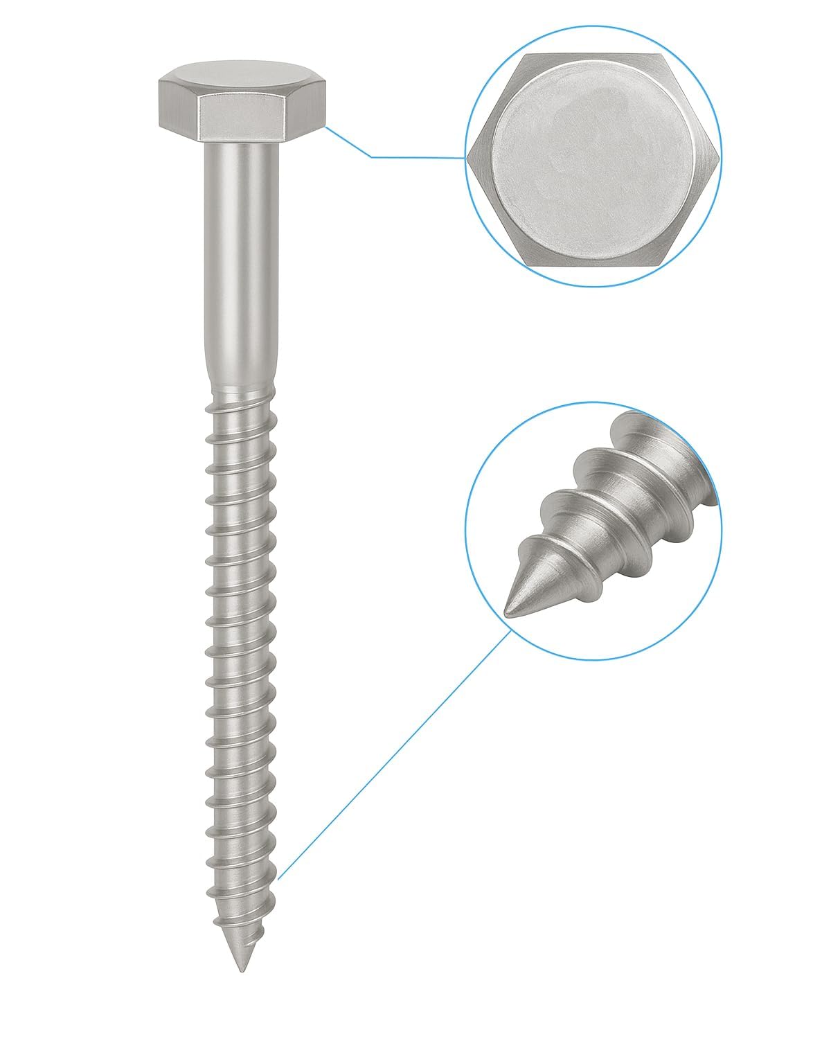 IMSCREWS 3/8  x 3  Hex Head Lag Screws, 304 Stainless Steel, Partially Threaded Structural Wood Bolts for Decking & Framing, 10   pcs - image 3