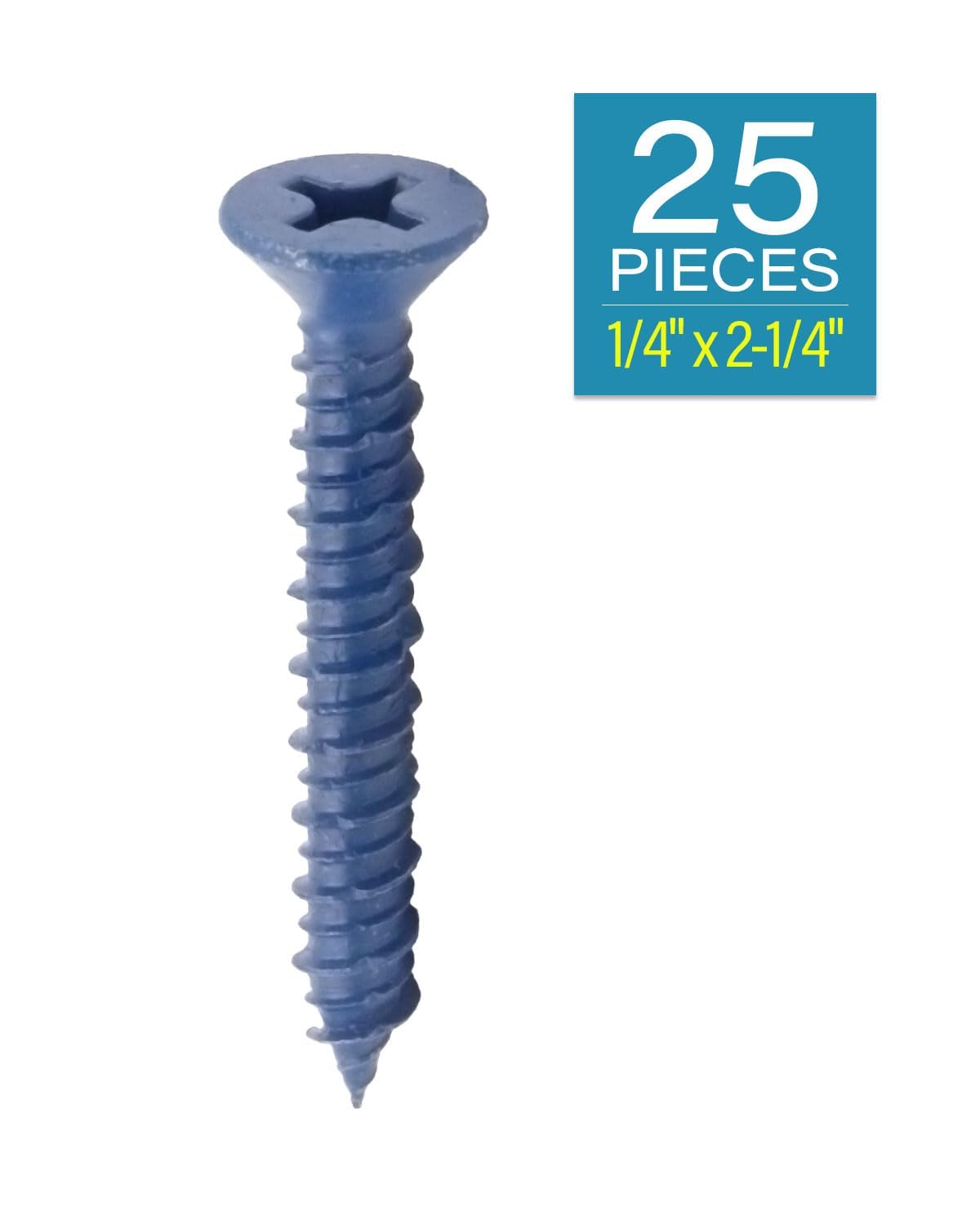1/4" x 2-1/4" Blue Concrete Screws, 25 PCS Flat Head Masonry Anchors with High-Low Thread, Heavy-Duty Blue Coating Fasteners for Brick, Block and Stucco - image 2