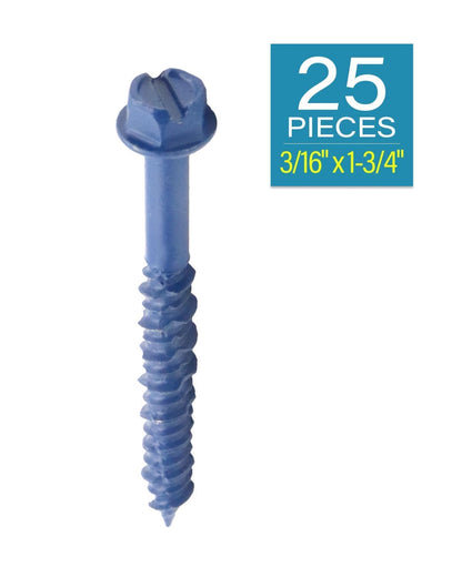 3/16" x 1-3/4" Blue Concrete Screws, Hex Washer Head Masonry Anchors, Slotted Self-Tapping Fasteners for Brick, Block and Stucco, Heavy-Duty Carbon Steel, 25 PCS - image 2