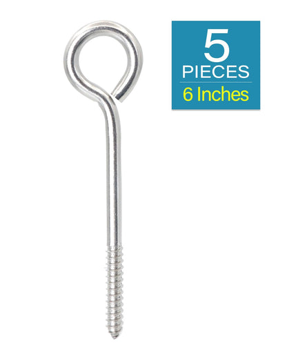 IMSCREWS 6 Inch Stainless Steel Screw Eyes Heavy Duty, 0.287" Wire Diameter 304 Steel Eye Hooks, 1-7/8" Thread Self Tapping Eye Bolts for Wood, Hammock & Cable Securing, 5 Pcs - image 2