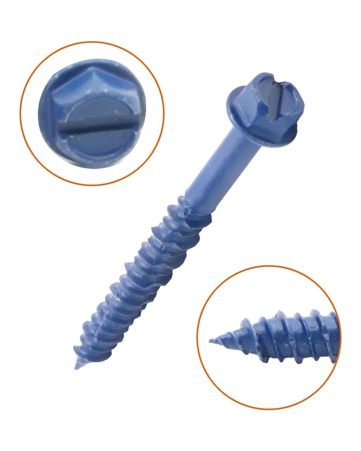 3/16" x 1-3/4" Blue Concrete Screws, Hex Washer Head Masonry Anchors, Slotted Self-Tapping Fasteners for Brick, Block and Stucco, Heavy-Duty Carbon Steel, 25 PCS - image 4