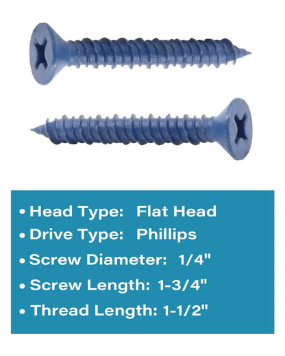 IMScrews 1/4" x 1-3/4" Blue Flat Head Concrete Screws, High-Low Thread Anchoring Fasteners for Masonry, Cement, Brick, Pack of 10 - image 3