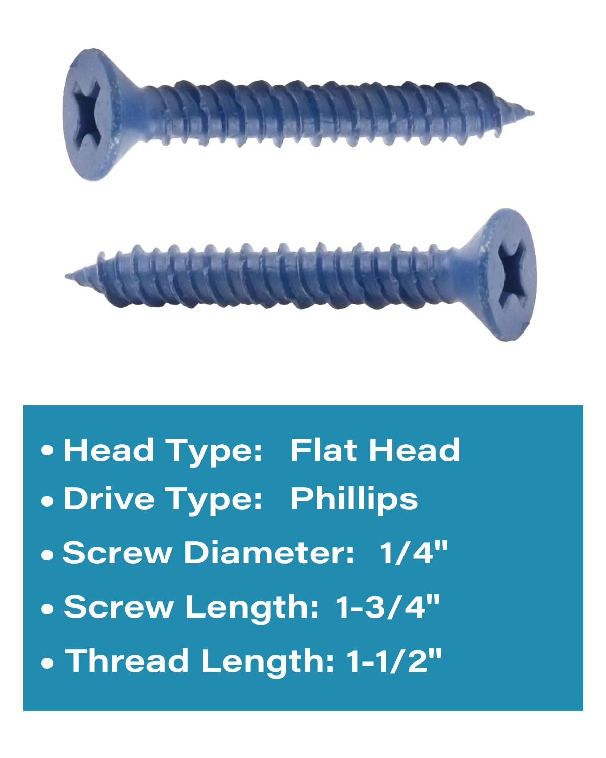 IMScrews 1/4" x 1-3/4" Blue Flat Head Concrete Screws, High-Low Thread Anchoring Fasteners for Masonry, Cement, Brick, Pack of 25 - image 3