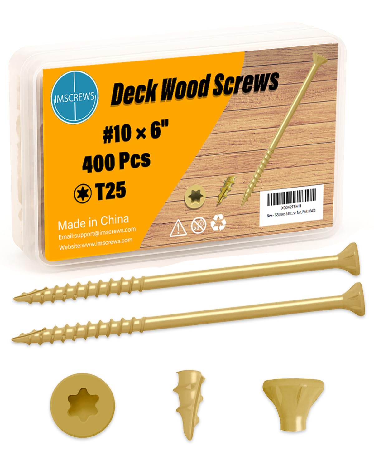 IMSCREWS 400-Pack #10 x 6" Deck Screws, Star Drive, 1000h Salt Spray Resistant Coating, Tan Exterior Wood Screws for Landscaping & Treated Lumber, with Re-usable Sturdy PVC Box (No Bit)