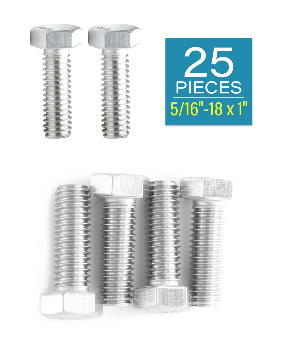 5/16-18 x 1" Hex Bolts, 304 (18-8) Stainless Steel Screw Bolts, Fully Threaded, Plain Finish, Pack of 25 - image 2