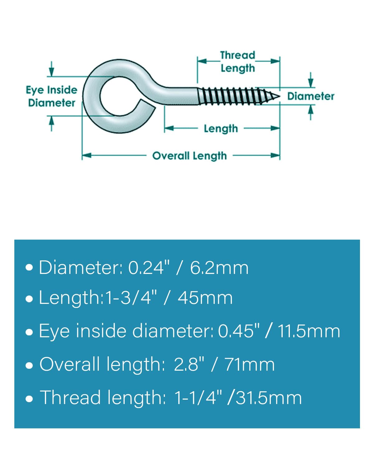 IMSCREWS 5-Pack 2.8 Inch 304 Stainless Steel Eye Screws ¨C Heavy Duty Closed Eye Hooks with 22.5mm Ring, 5.2mm Wire Diameter, Self-Tapping for Indoor & Outdoor Hanging, Rust Resistant - image 3