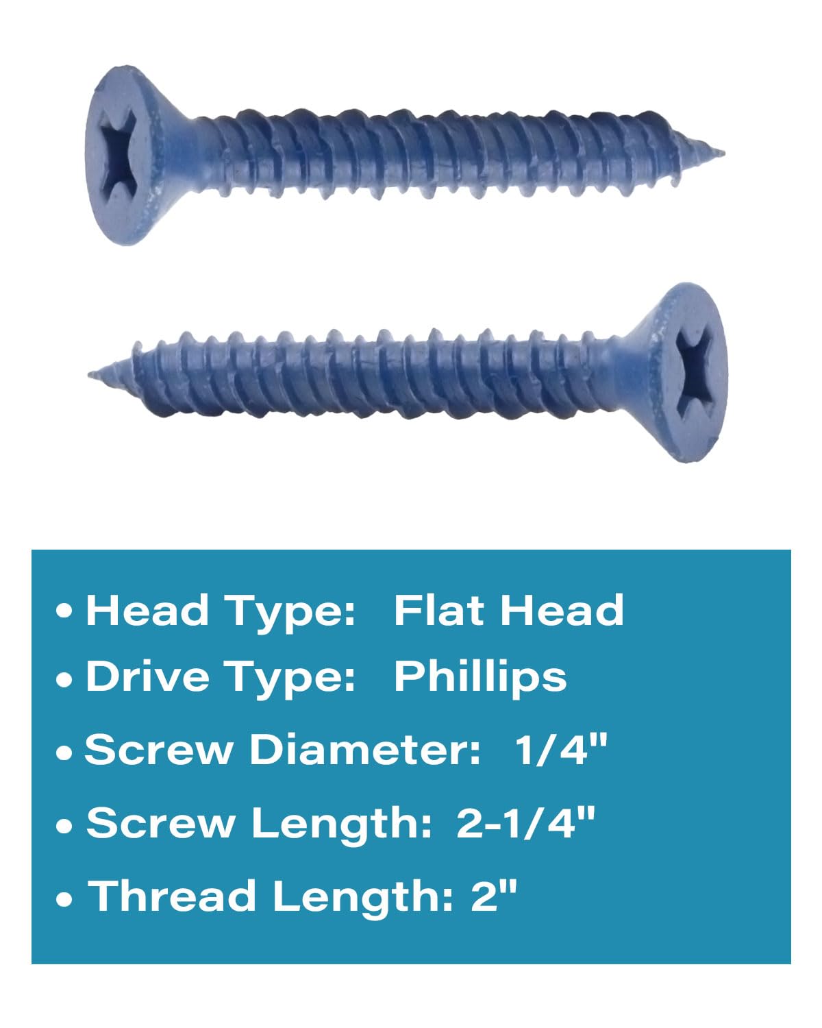 IMSCREWS 1/4" x 2-1/4" Blue Concrete Screws (10 Pack), Flat Head Masonry Anchors, Self-Tapping High-Low Thread, Corrosion Resistant Carbon Steel for Brick, Block & Stone - image 3