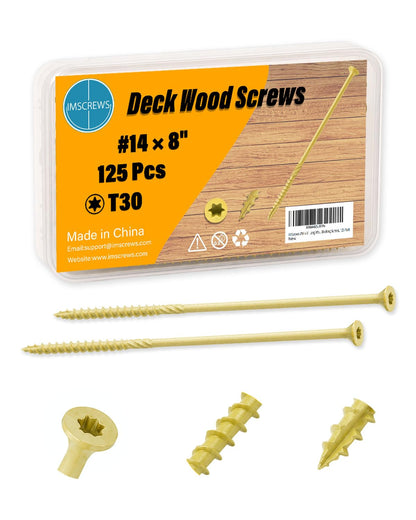 IMSCREWS #14 x 8 Inch Exterior Wood Screws, 1000Hr Salt Spray Rust Resistant Deck Screws, T30 Star Drive, Type 17 Point, Knurled Shank, Heavy Duty Timber Screws, 125 Pack (No Bit)