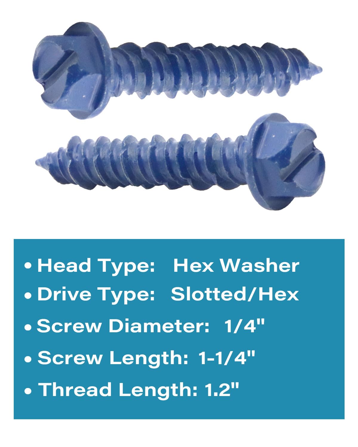 IMScrews 1/4" x 1-1/4" Masonry Anchor Screws, Short Hex Slotted Concrete Bolts, Blue Rust Resistant, 50 Pack for Contractors & Large Projects - image 3