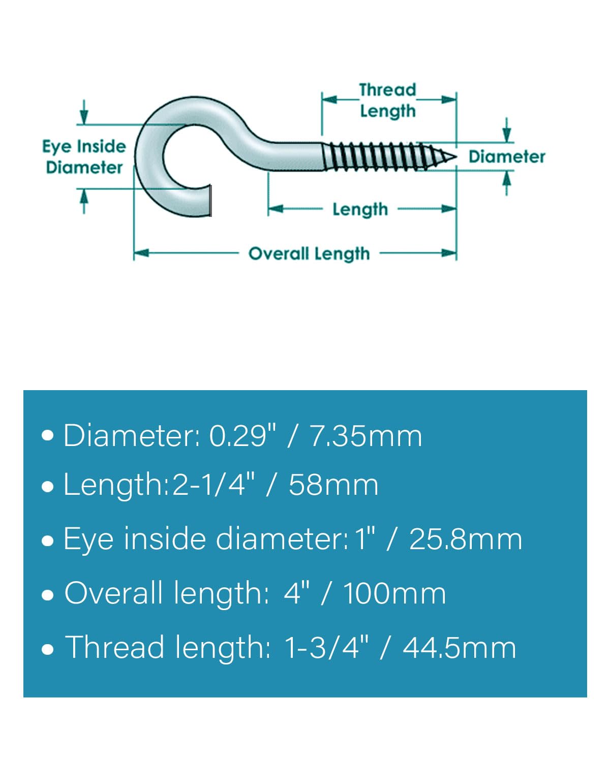 IMSCREWS 5 Pcs Screw Eyes, 4 Inch Heavy Duty Eye Bolts 304 Stainless Steel, Self Tapping Hooks for Securing Cables, Wood, Hammock Stands, Swing Sets, Indoor & Outdoor Use - image 3