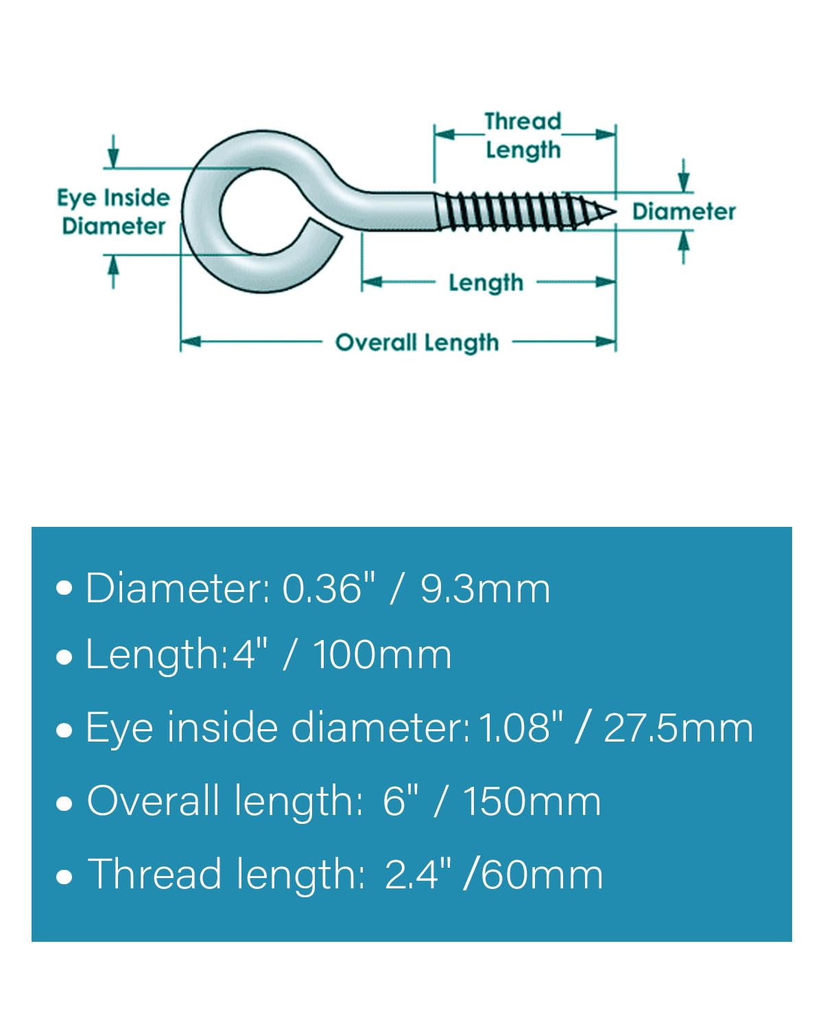 IMSCREWS 10 Pcs Screw Eyes, 6 Inch 304 Stainless Steel Self Tapping Eye Screws, Heavy Duty Bolts for Securing Wood, Cables, Hammock Stands, Deck Projects, Indoor & Outdoor Use - image 3