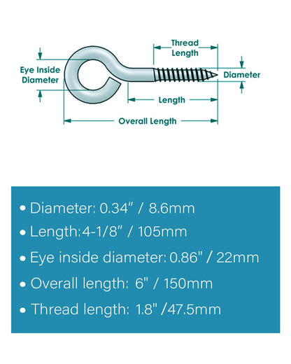 IMSCREWS 2 Pcs Screw Eyes, 6 Inch 304 Stainless Steel Eye Bolts for Wood, Self Tapping Heavy Duty Hooks for Securing Cables and Hammock Stands, Indoor & Outdoor Use - image 3
