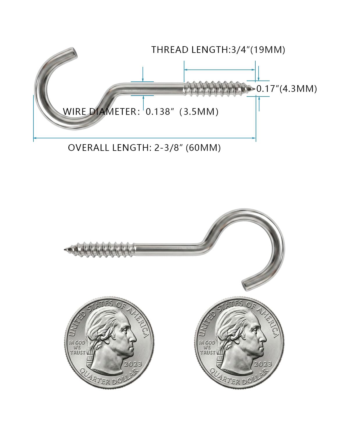 IMSCREWS 20Pcs 2-3/8" (60mm) 304 Stainless Steel Screw-in Eye Hooks, Open Loop Eyelets for Hanging Lightweight Items, Indoor & Outdoor - image 2
