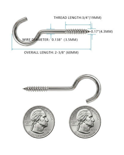 IMSCREWS 20Pcs 2-3/8" (60mm) 304 Stainless Steel Screw-in Eye Hooks, Open Loop Eyelets for Hanging Lightweight Items, Indoor & Outdoor - image 2