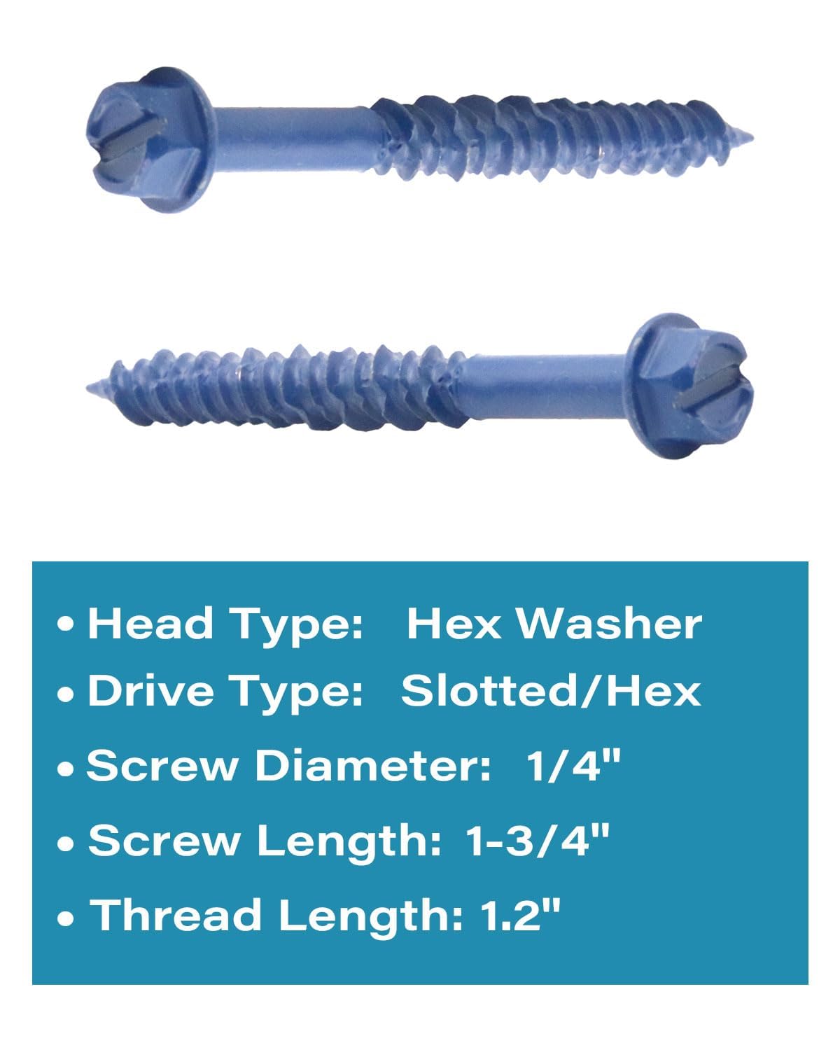 1/4" x 1-3/4" Blue Concrete Screws, Hex Washer Head Masonry Anchors, Slotted Self-Tapping Bolts for Brick, Block and Stucco, Heavy-Duty Carbon Steel, 50 PCS - image 3