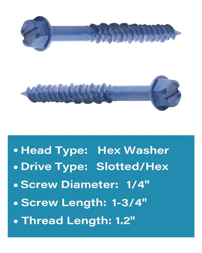 1/4" x 1-3/4" Blue Concrete Screws, Hex Washer Head Masonry Anchors, Slotted Self-Tapping Bolts for Brick, Block and Stucco, Heavy-Duty Carbon Steel, 50 PCS - image 3