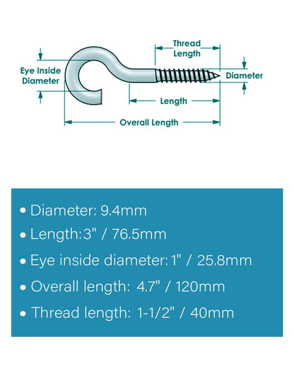 IMSCREWS 10 Pcs Screw Eyes, 4.7 Inch 304 Stainless Steel Self Tapping Eye Screws, Heavy Duty Bolts for Wood, Secure Cables and Hammock Stands, Suitable for Indoor & Outdoor Use - image 3