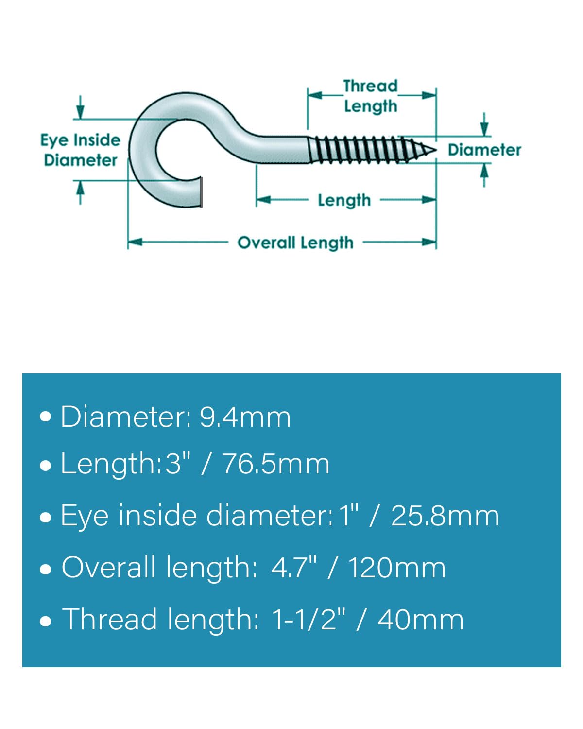 IMSCREWS 2 Pcs Screw Eyes, 4.7 Inch 304 Stainless Steel Eye Bolts for Wood, Self Tapping Heavy Duty Hooks, Ideal for Securing Cables and Hammock Stands, Indoor & Outdoor Use - image 3