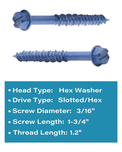 3/16" x 1-3/4" Blue Concrete Screws, Hex Washer Head Masonry Anchors, Slotted Self-Tapping Fasteners for Brick, Block and Stucco, Heavy-Duty Carbon Steel, 25 PCS - image 3
