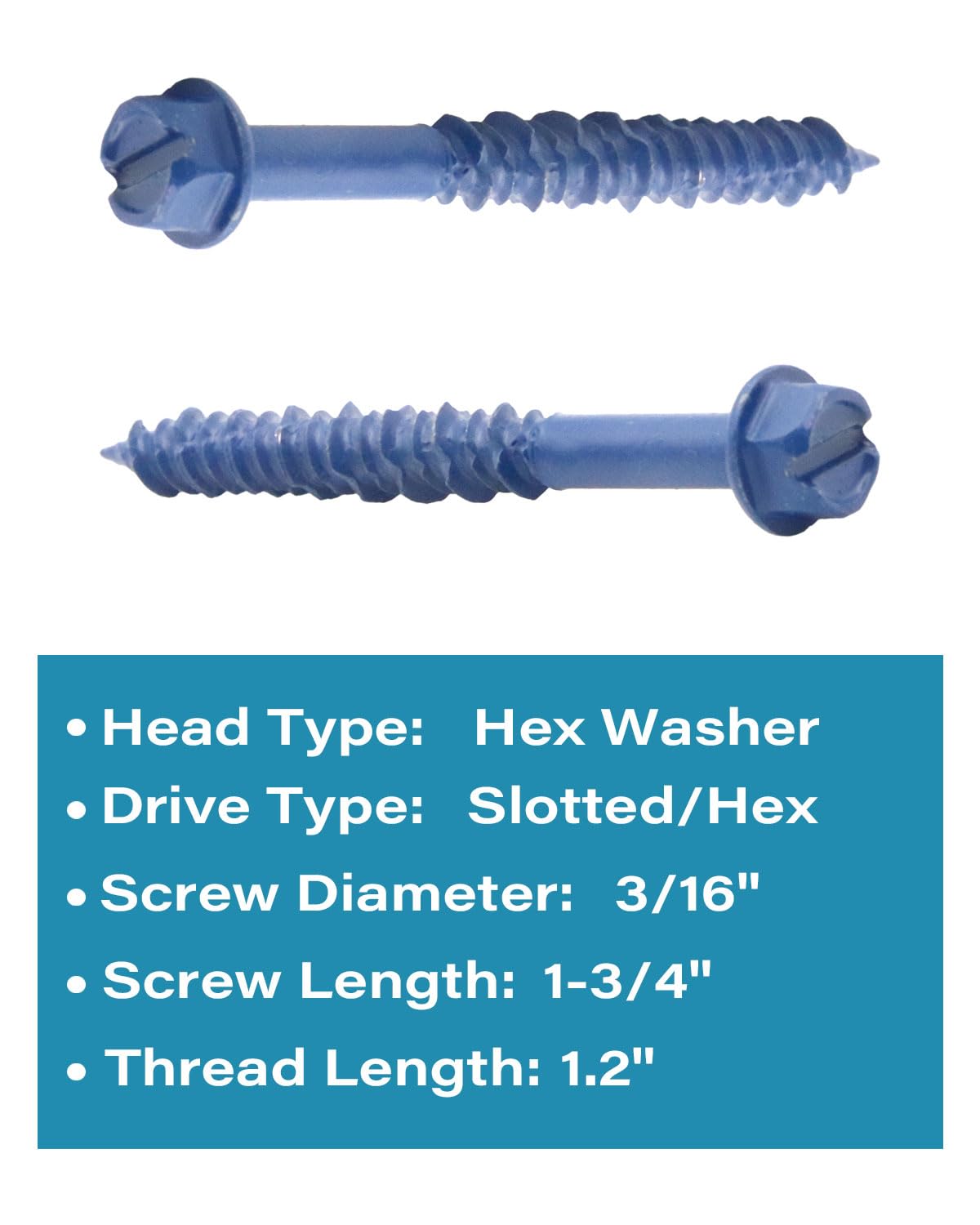 IMScrews 3/16" x 1-3/4" Masonry Anchor Screws, Hex Slotted Concrete Bolts, Blue Rust Resistant, 10 Pack for Light-Duty Projects - image 2