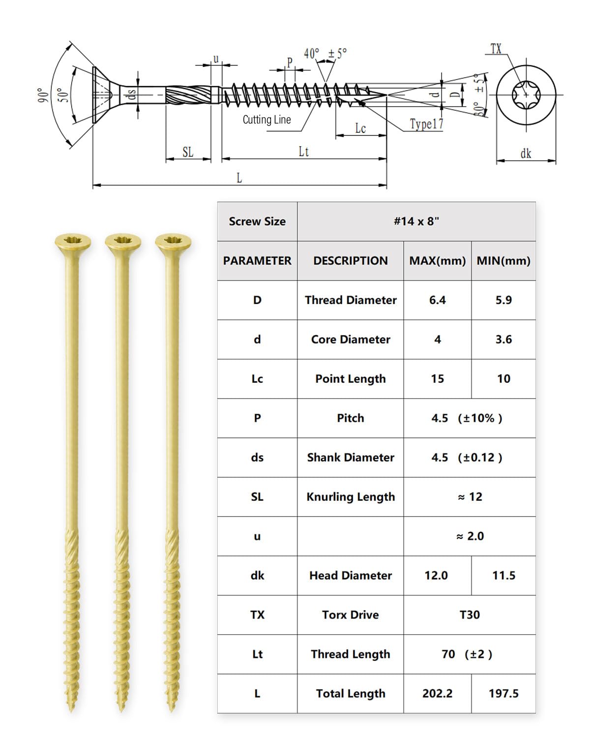 IMSCREWS #14 x 8 Inch Exterior Wood Screws, 1000Hr Salt Spray Rust Resistant Deck Screws, T30 Star Drive, Type 17 Point, Knurled Shank, Heavy Duty Timber Screws, 125 Pack (No Bit) - image 3