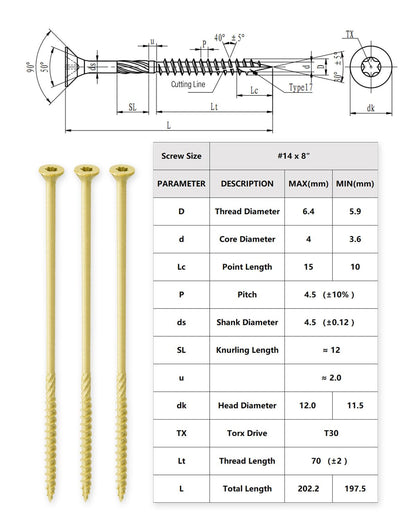 IMSCREWS #14 x 8 Inch Exterior Wood Screws, 1000Hr Salt Spray Rust Resistant Deck Screws, T30 Star Drive, Type 17 Point, Knurled Shank, Heavy Duty Timber Screws, 125 Pack (No Bit) - image 3