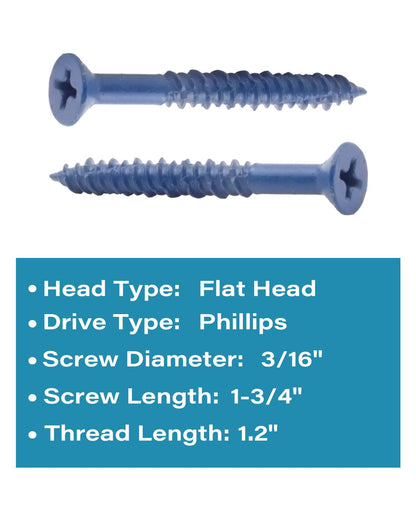 IMScrews 3/16" x 1-3/4" Blue Flat Head Concrete Screws, High-Low Thread, Durable Anchors, 10 Pack for Light Masonry Projects - image 3