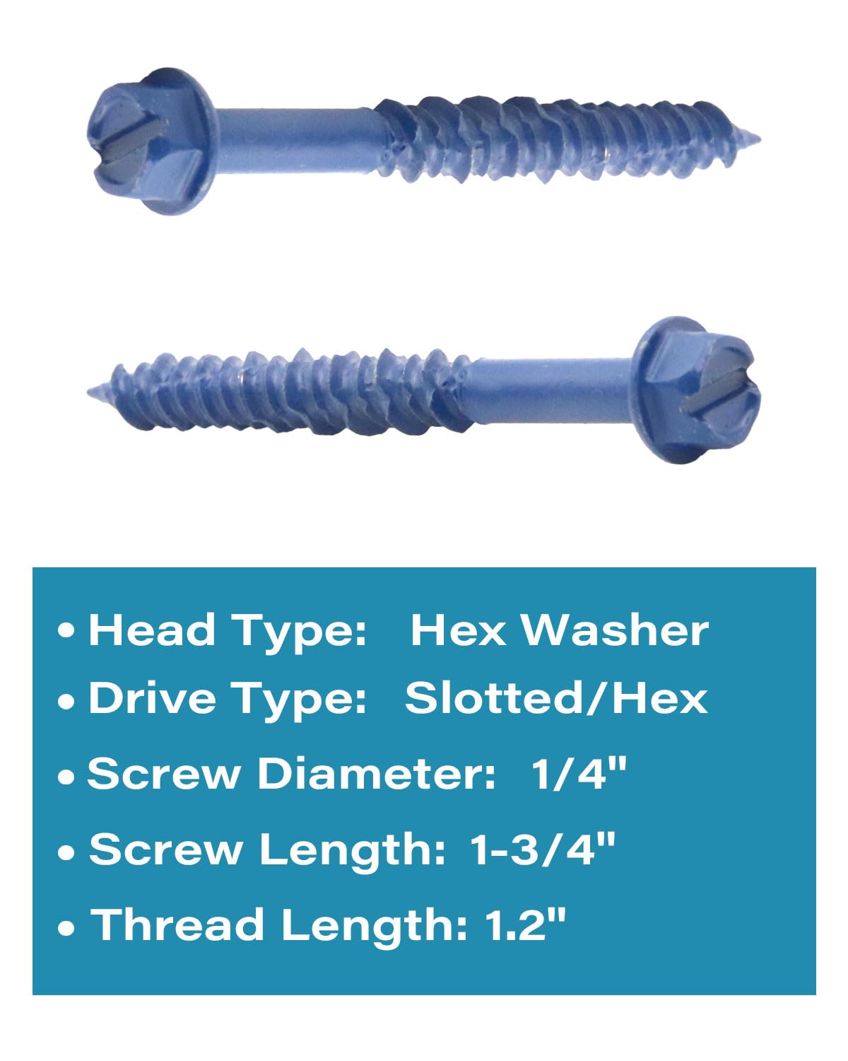 IMScrews 1/4" x 1-3/4" Masonry Anchor Screws, Heavy Duty Hex Slotted Concrete Bolts, Blue Corrosion Resistant, 10 Pack - image 3