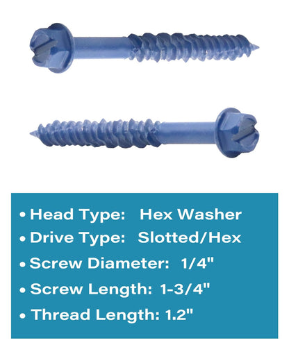 IMScrews 1/4" x 1-3/4" Masonry Anchor Screws, Heavy Duty Hex Slotted Concrete Bolts, Blue Corrosion Resistant, 10 Pack - image 3