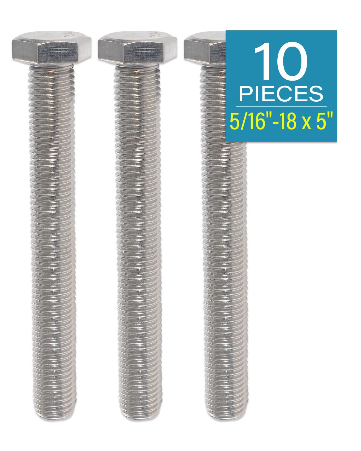 IMScrews Hex 5/16-18 x 5" Long Machine Screws, 304 Stainless Steel Bolts, Pack of 10 - image 2