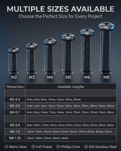 IMSCREWS M8-1.25 x 25mm 5 Pcs Black Metric Machine Screws 304 Stainless Steel Phillips Pan Head Fully Threaded Bolts for Light Machinery - image 6