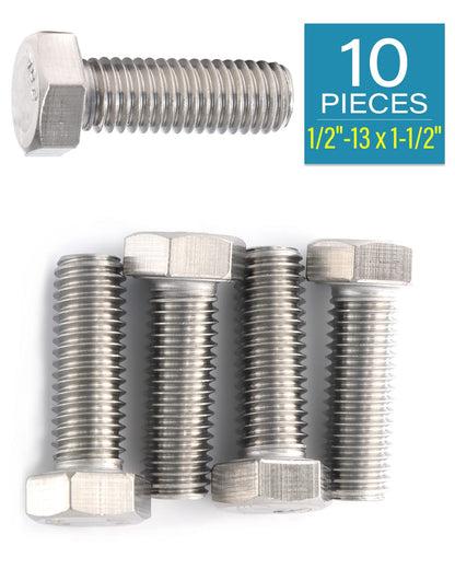 1/2"-13 x 1-1/2" Hex Bolts, 18-8 (304) Stainless Steel Machine Screws, Plain Finish, Plain Finish, Pack of 10 by IMScrews - image 2