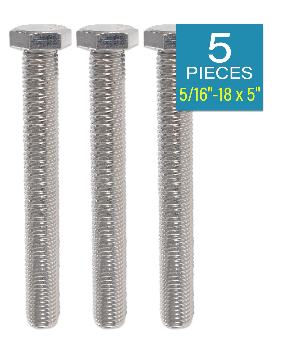 IMScrews Hex 5/16-18 x 5" Long Machine Screws, 304 Stainless Steel Bolts, Pack of 5 - image 2