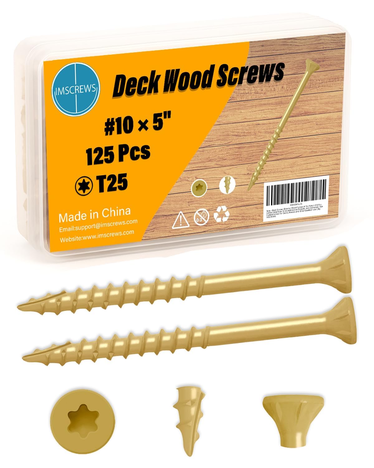 IMSCREWS #10 x 5 Inch Deck Screws Exterior Wood Screws Tan Coated Carbon Steel Star Drive T25 Coarse Thread Partial Thread with Type 17 Point 125 Pack