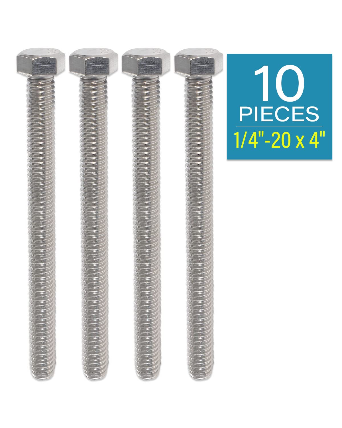 1/4"-20 x 4 Inch Long Hex Bolts, 18-8 (304) Stainless Steel Machine Screws, Pack of 10 by IMScrews - image 2